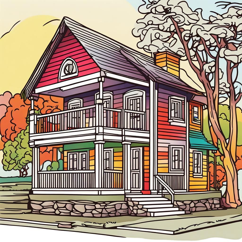 Colorful Line Art: Charming Cottage Illustration