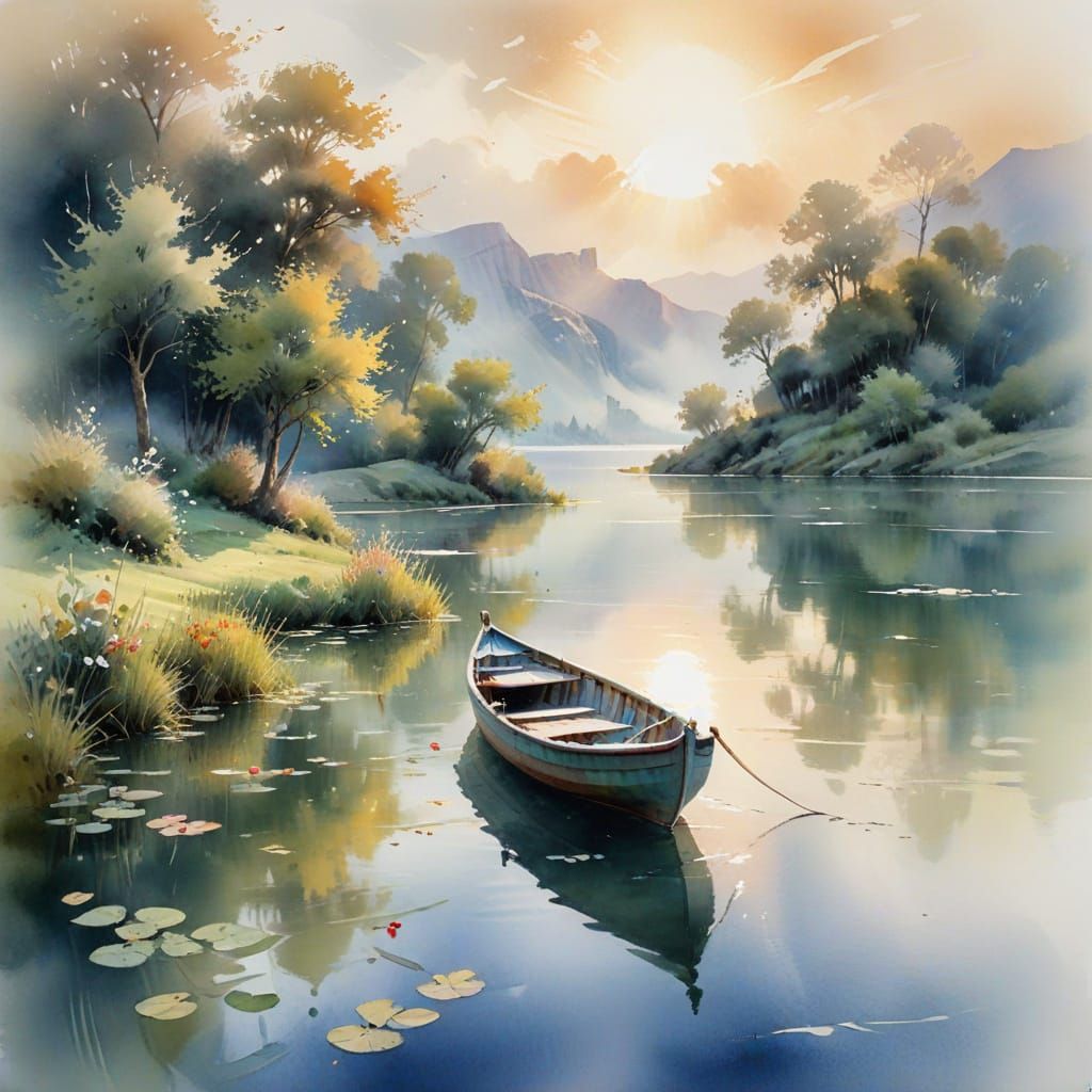 Serene Lake Scene in Whimsical Watercolour Style