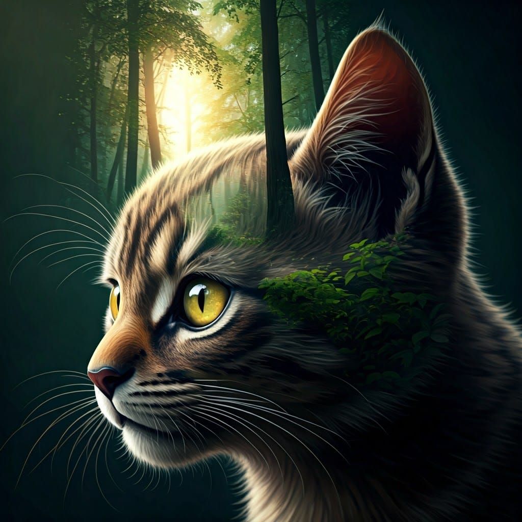 Double Exposure: Kitten and Forest Harmony
