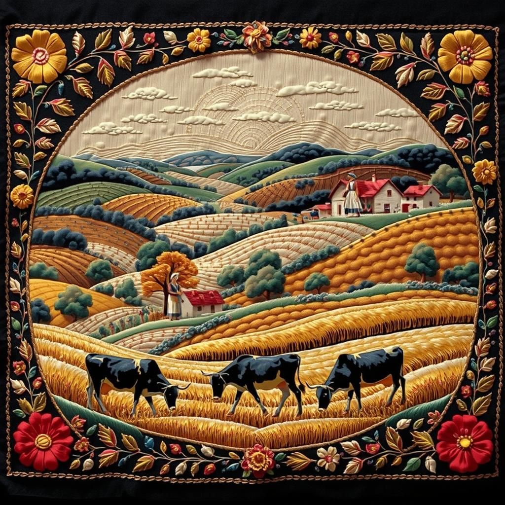 Embroidered Rural Landscape with Paper Art Elements