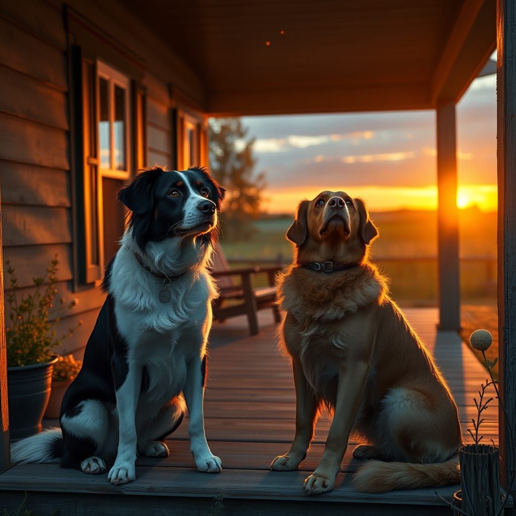 Farm Dogs Watch Over Sunset Fields in Whimsical, Fantasy-Sty...