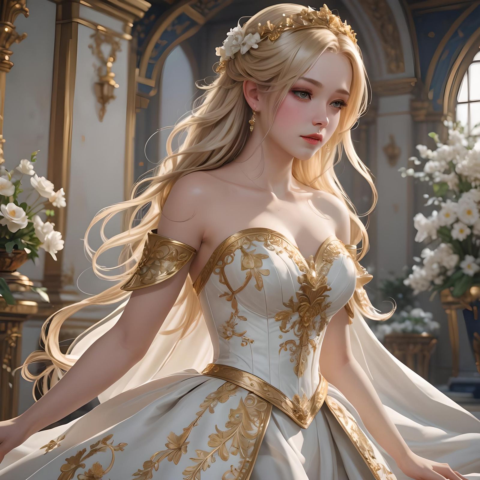 Blonde Princess in Silk Gown: 3D Anime Art