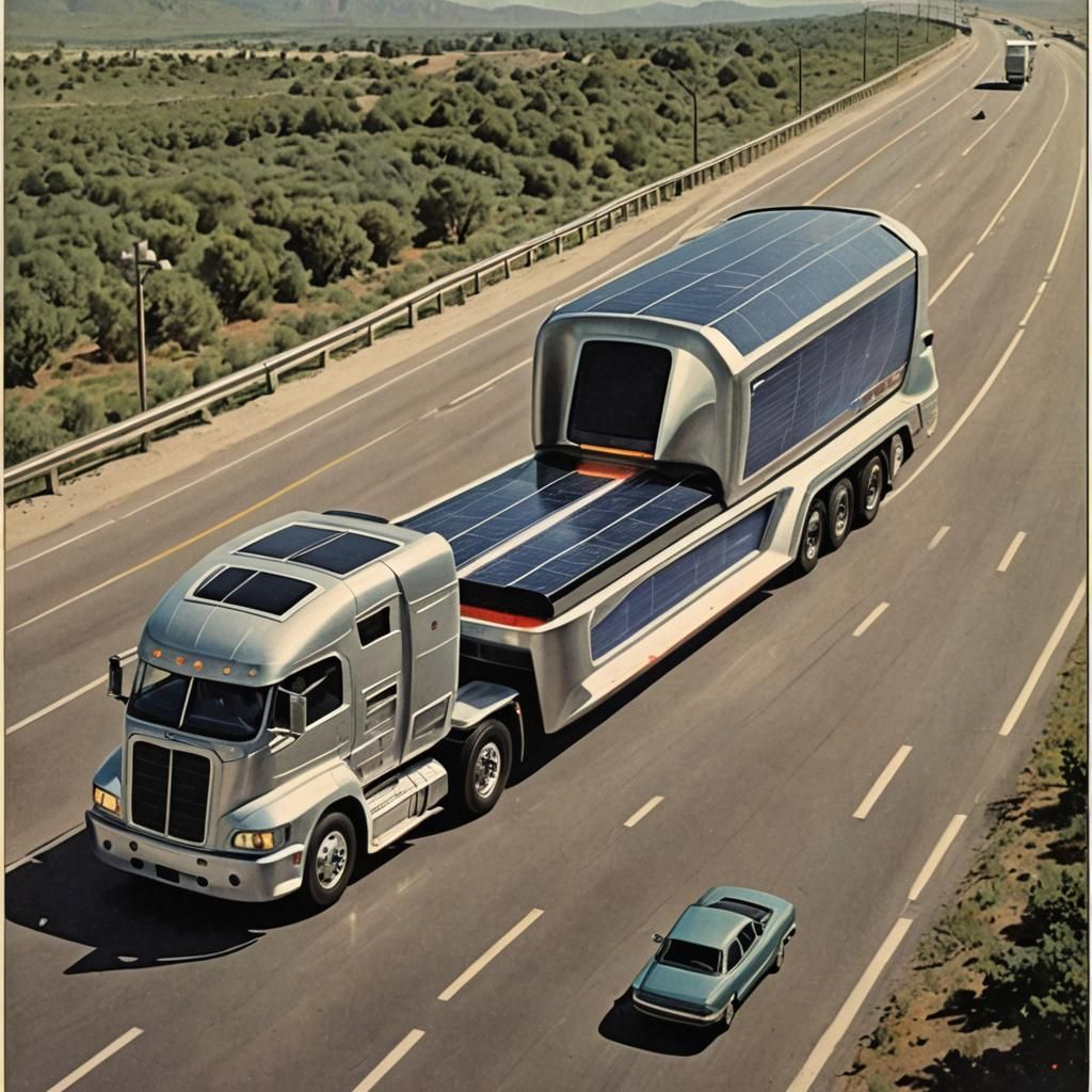 Futuristic solar powered semi truck, atomic space age, interstate highway, magazine advertisement