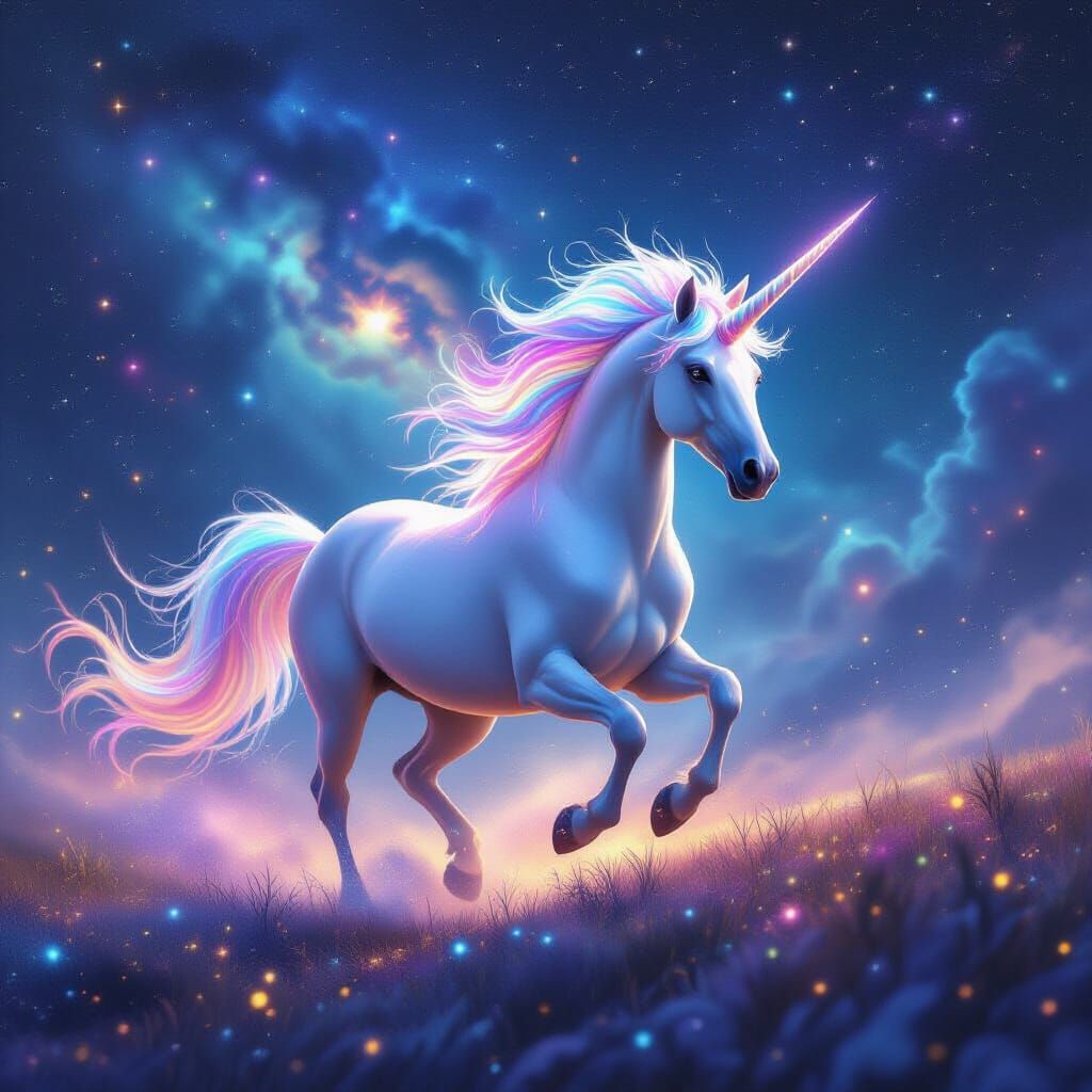 Cosmic Unicorn Galloping Through Starry Nebula