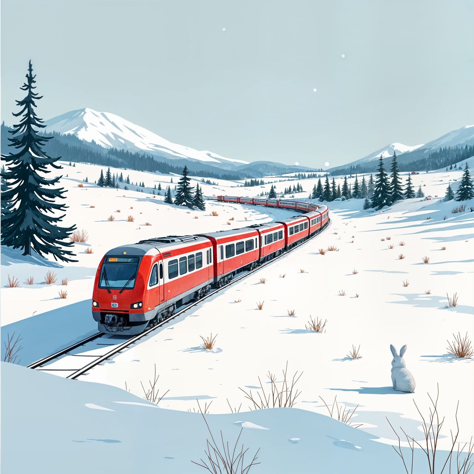A Festive Red Train Crossing a Snowy Landscape