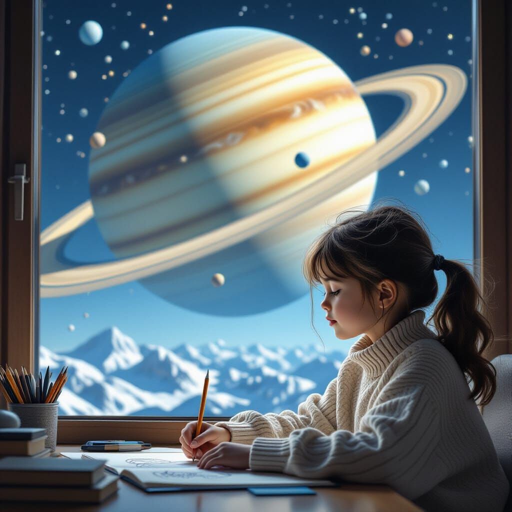 Girl's Saturn View: Digital Painting in Thorp Style