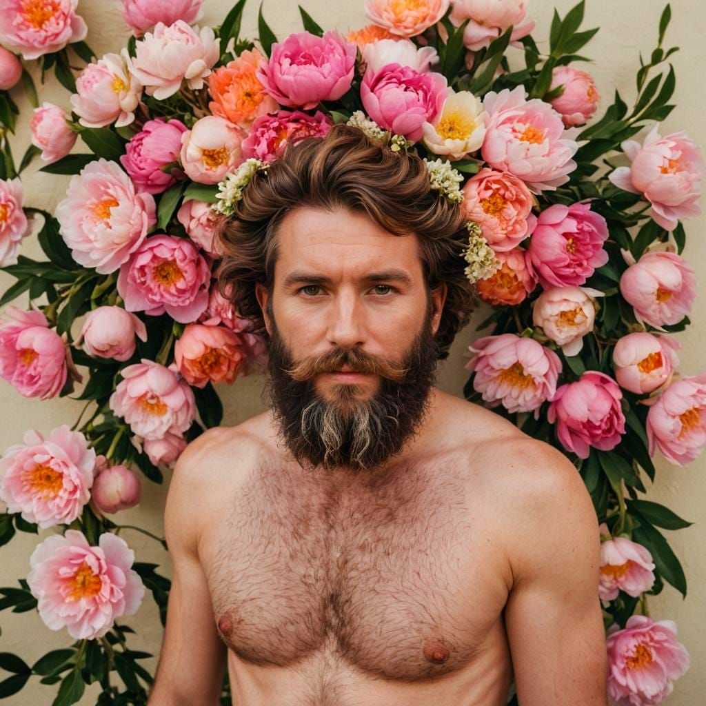 Bearded Man with Peonies in Wes Anderson Style