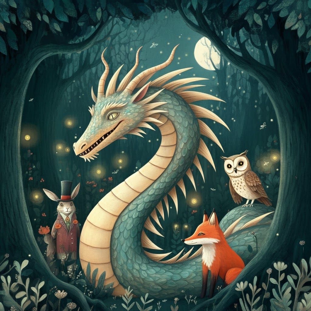 Dragon and Friends in Moonlit Forest