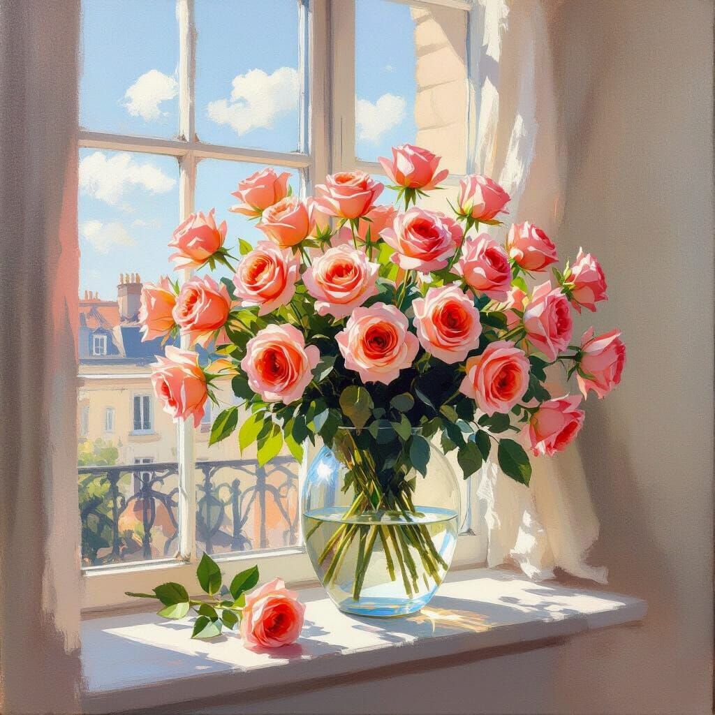 Peach-Red Roses on Windowsill in Soft Light