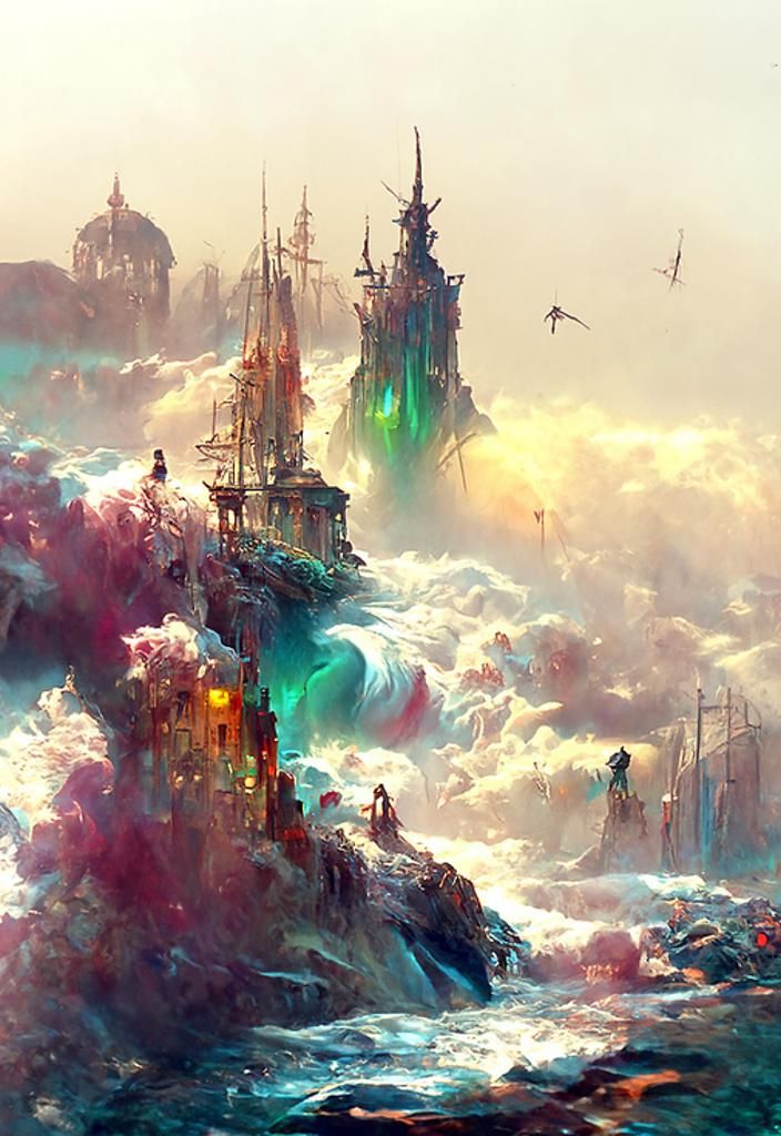 Teal Waves Crash Against Collapsing Buildings