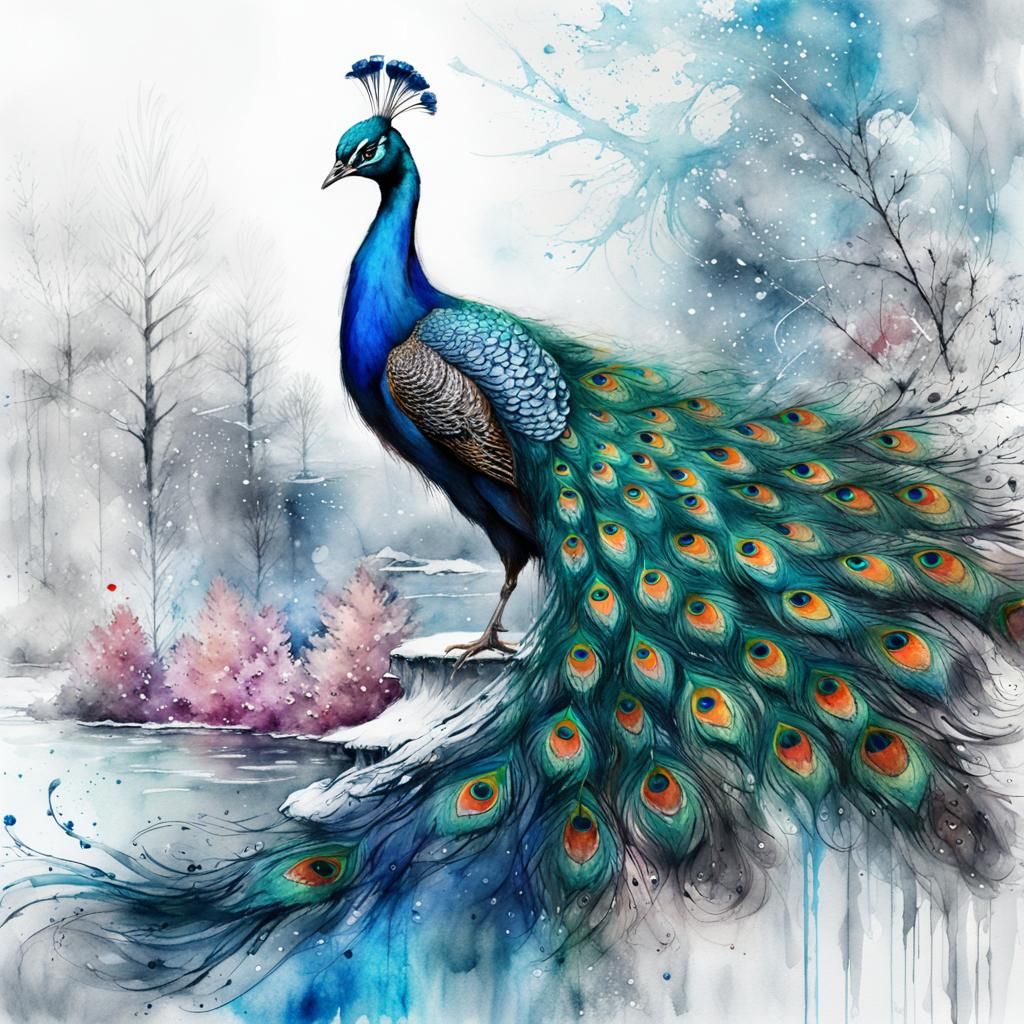 Peacock Figureskating: Fantasy Watercolor Art