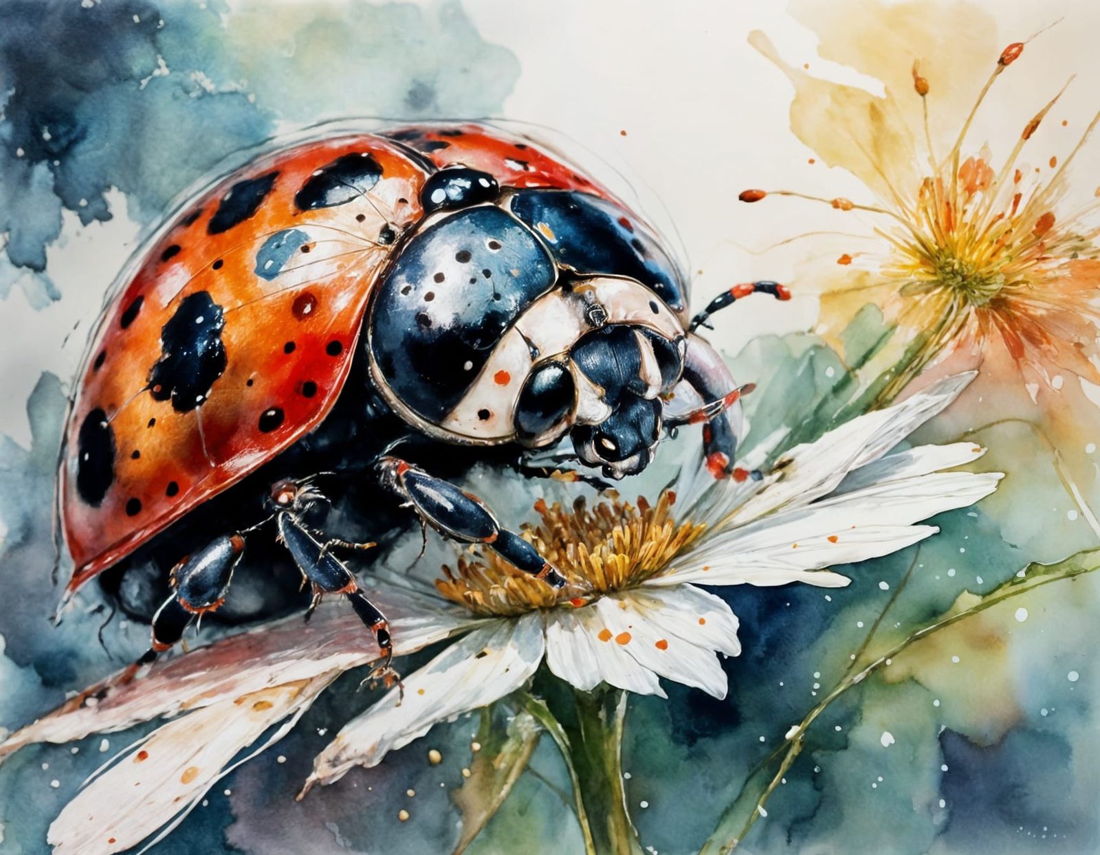 Ladybug on Flower Portrait in Moody Pastels