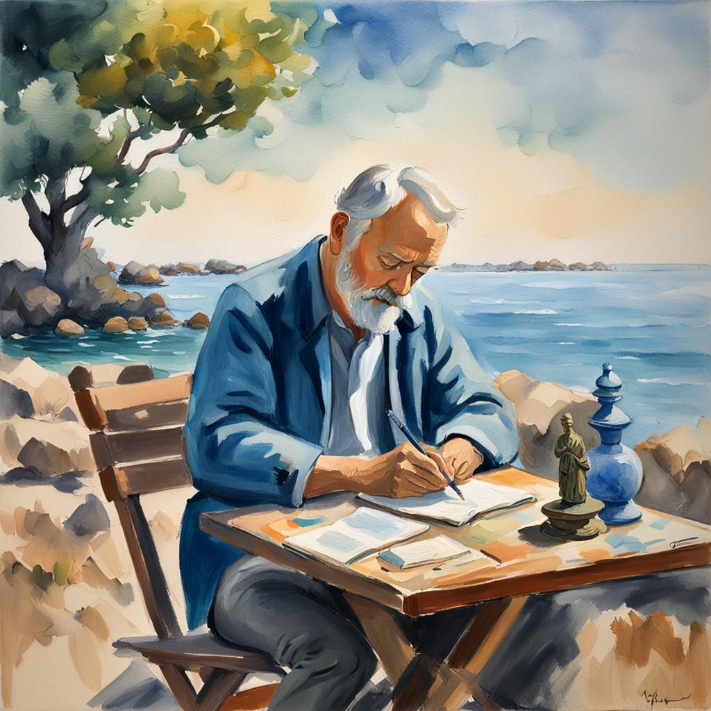 Seaside Writer in Impressionist Gouache Style