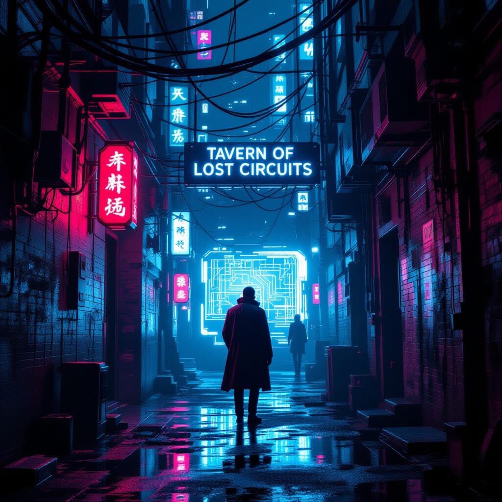 Cyberpunk Alleyway Entrance to Lost Circuits Tavern