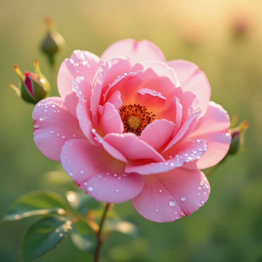 Vibrant Pink Wild Rose in Bloom: Botanical Illustration