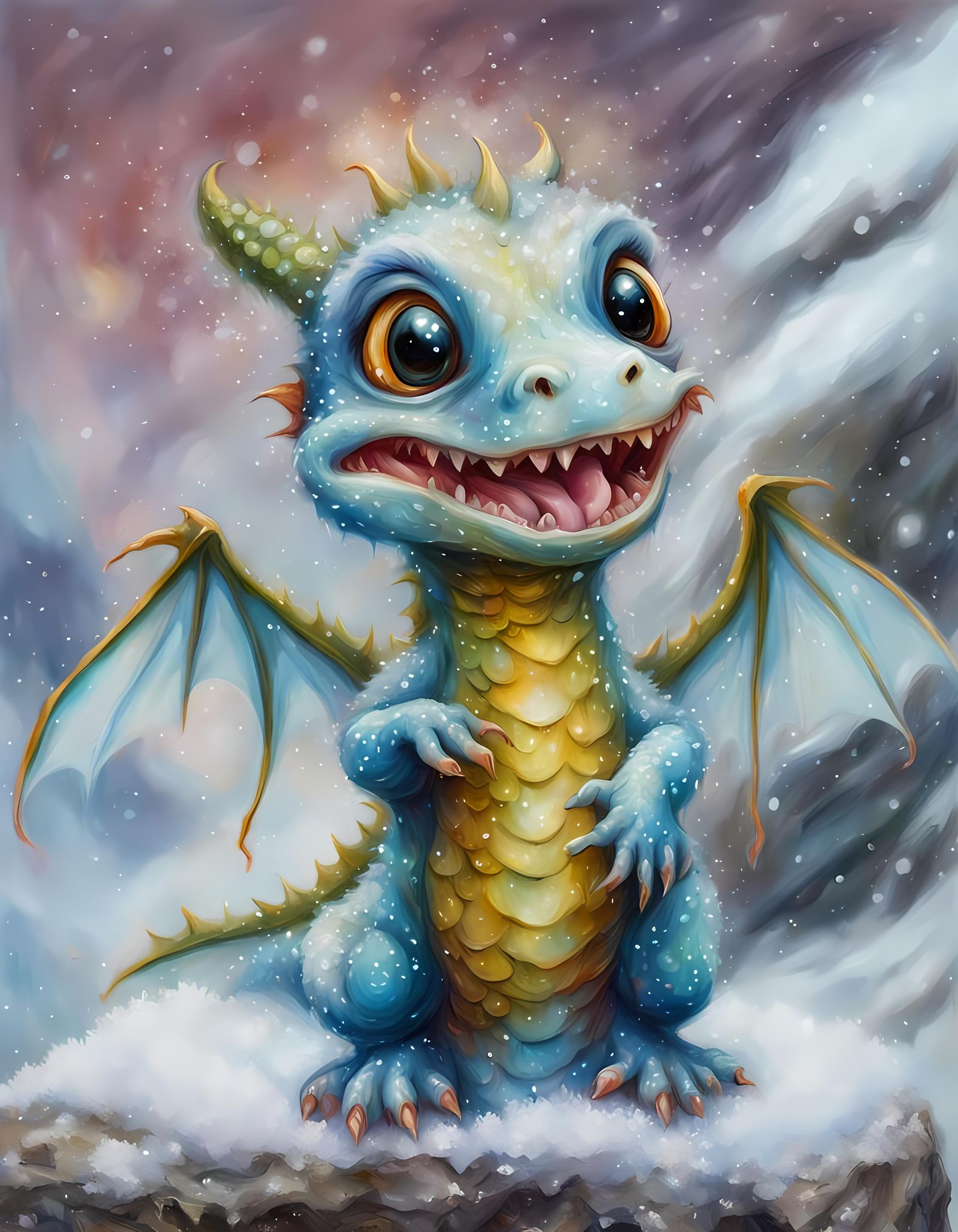 Dreamy Dragon's First Snowfall: Surreal Oil Painting