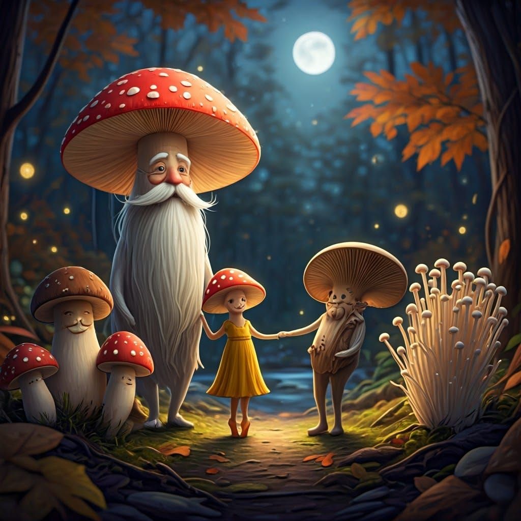 Magical Mushroom Family Gathering Under Autumn Moonlight