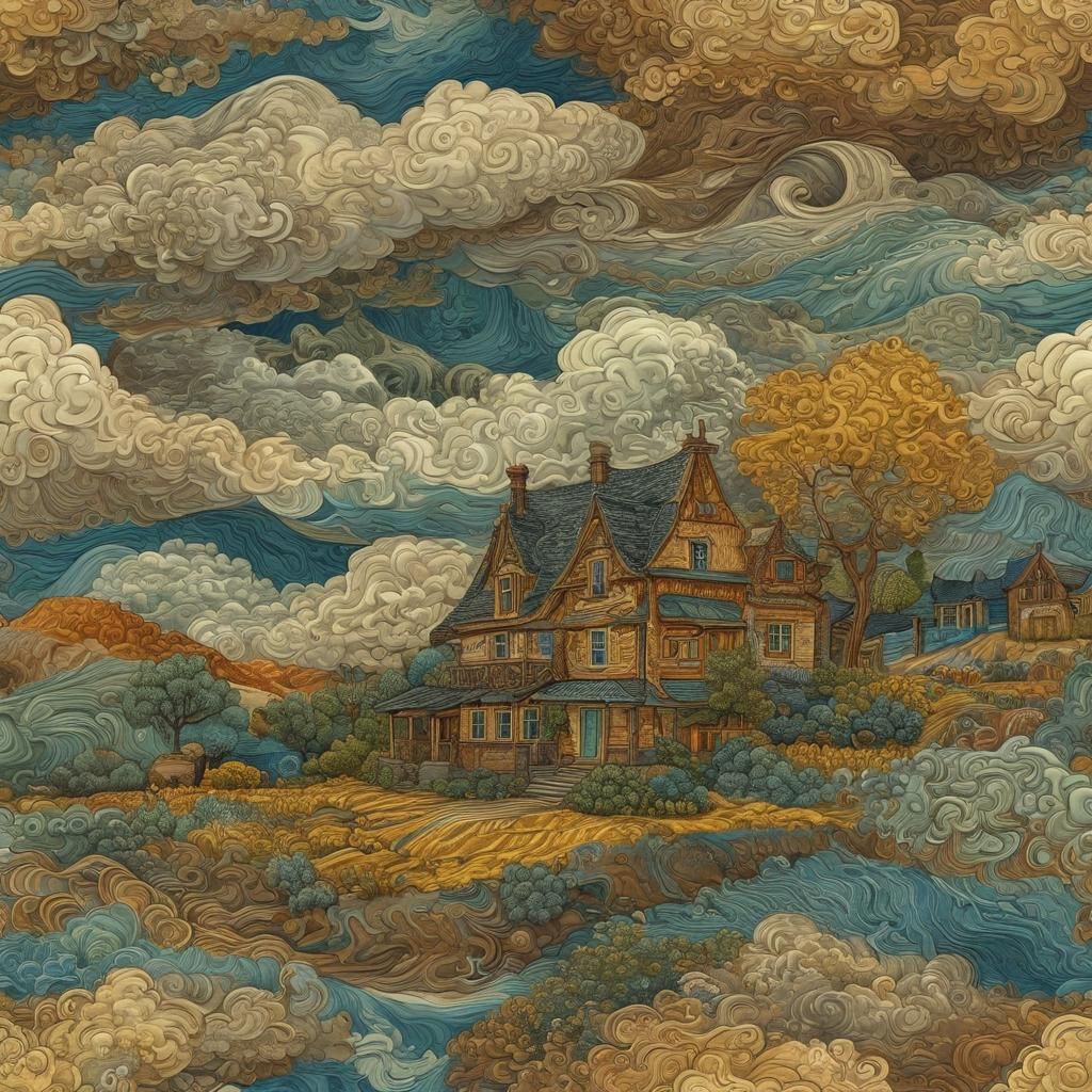 Whimsical House in Rustic Van Gogh Landscape
