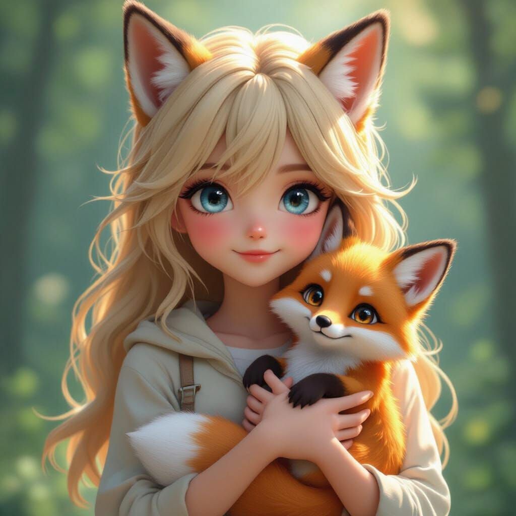 Teen Girl Holding Baby Fox in 3D Anime Style