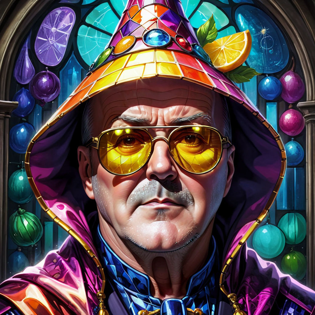 Vibrant Wizard Portrait with Fruit Hats and Sunglasses