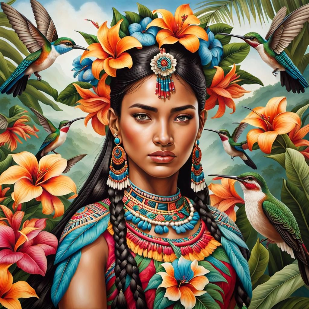 Mayan Girl Portrait with Hummingbirds in Paradise