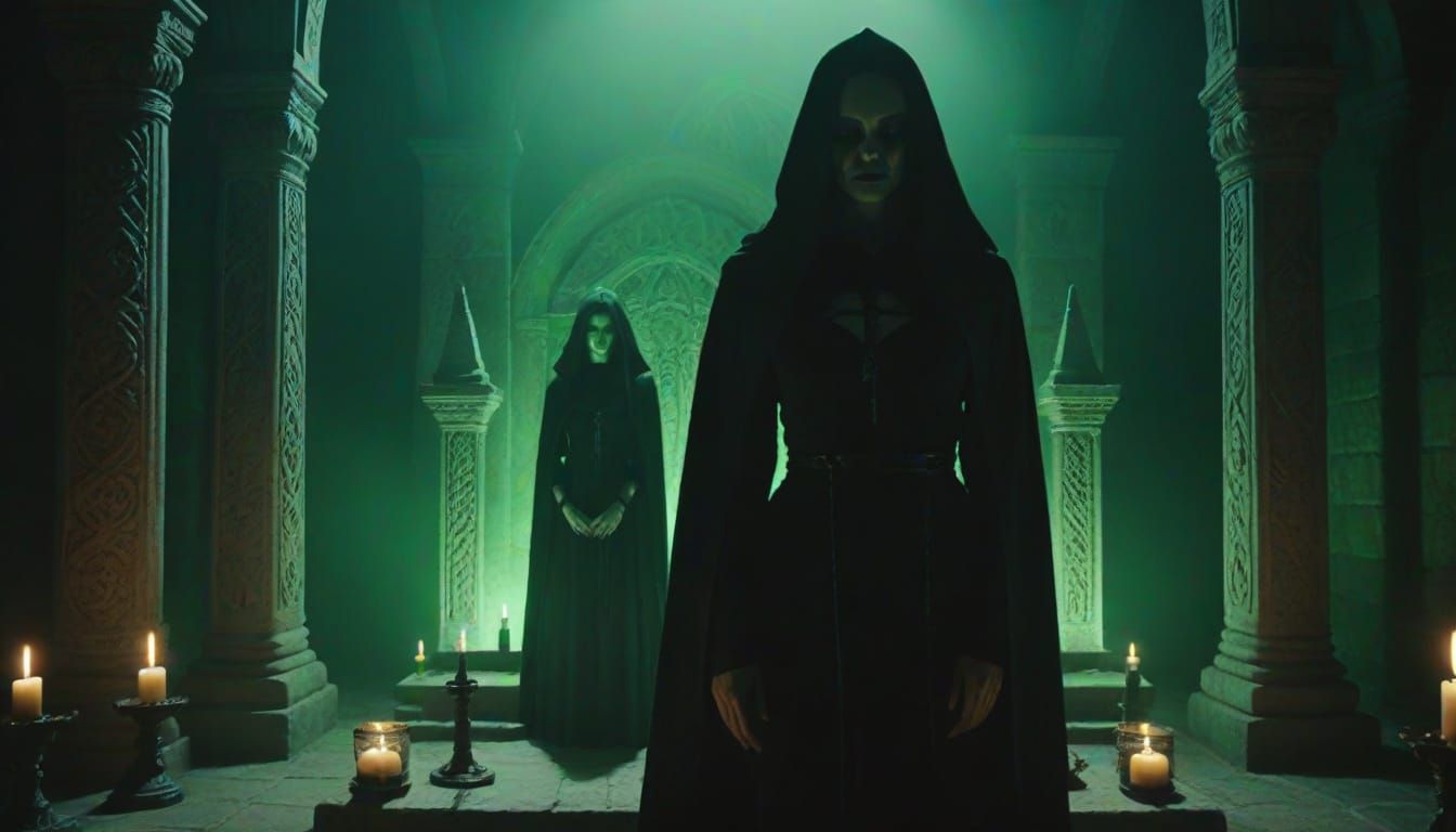 Gothic Ritual Temple Scene with Hooded Figures