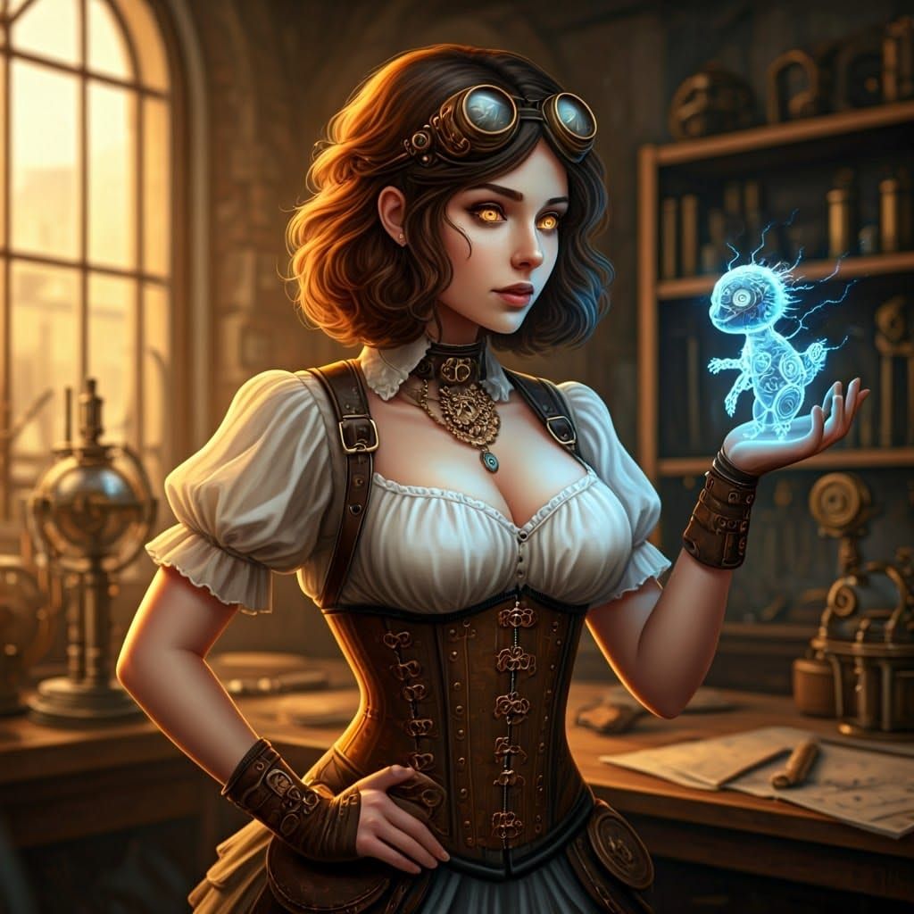 Steampunk Girl with Electric Companion in Workshop