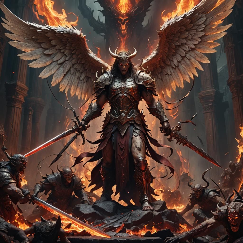 Angel Tormenting Demon in Hell: Detailed Matte Painting