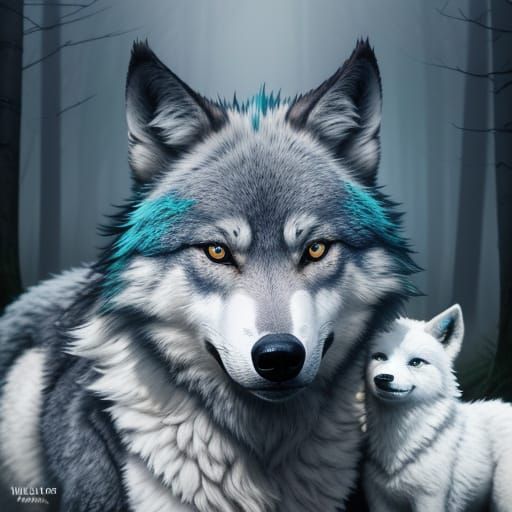Majestic Wolf and Cubs Portrait in Vibrant Digital Art