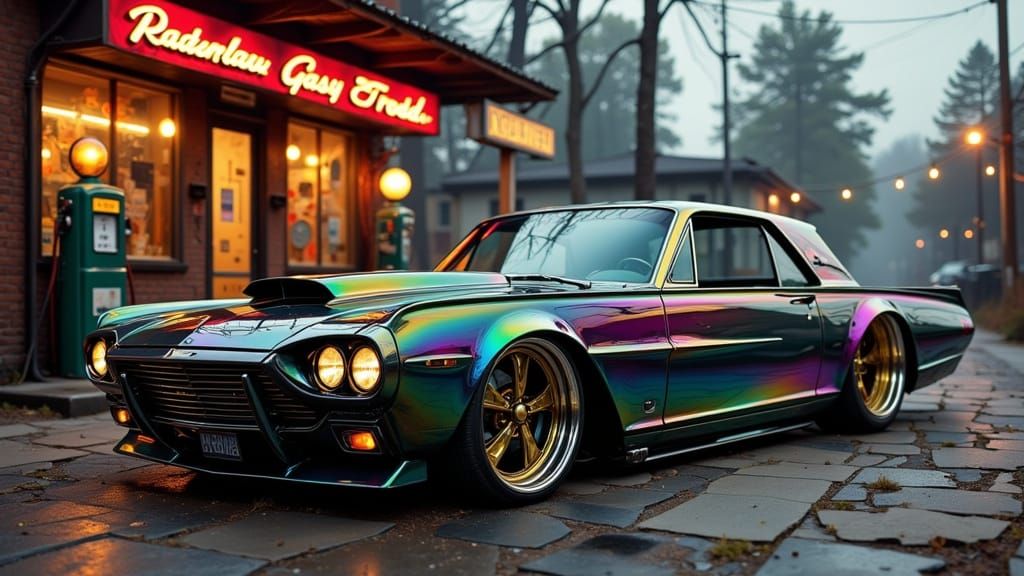 Art Nouveau Cyberpunk Ford Thunderbird in a Retro Futuristic...