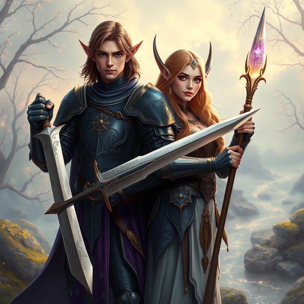 Regal Elf Knights in Ancient Armor, Amidst Enchanted Landsca...