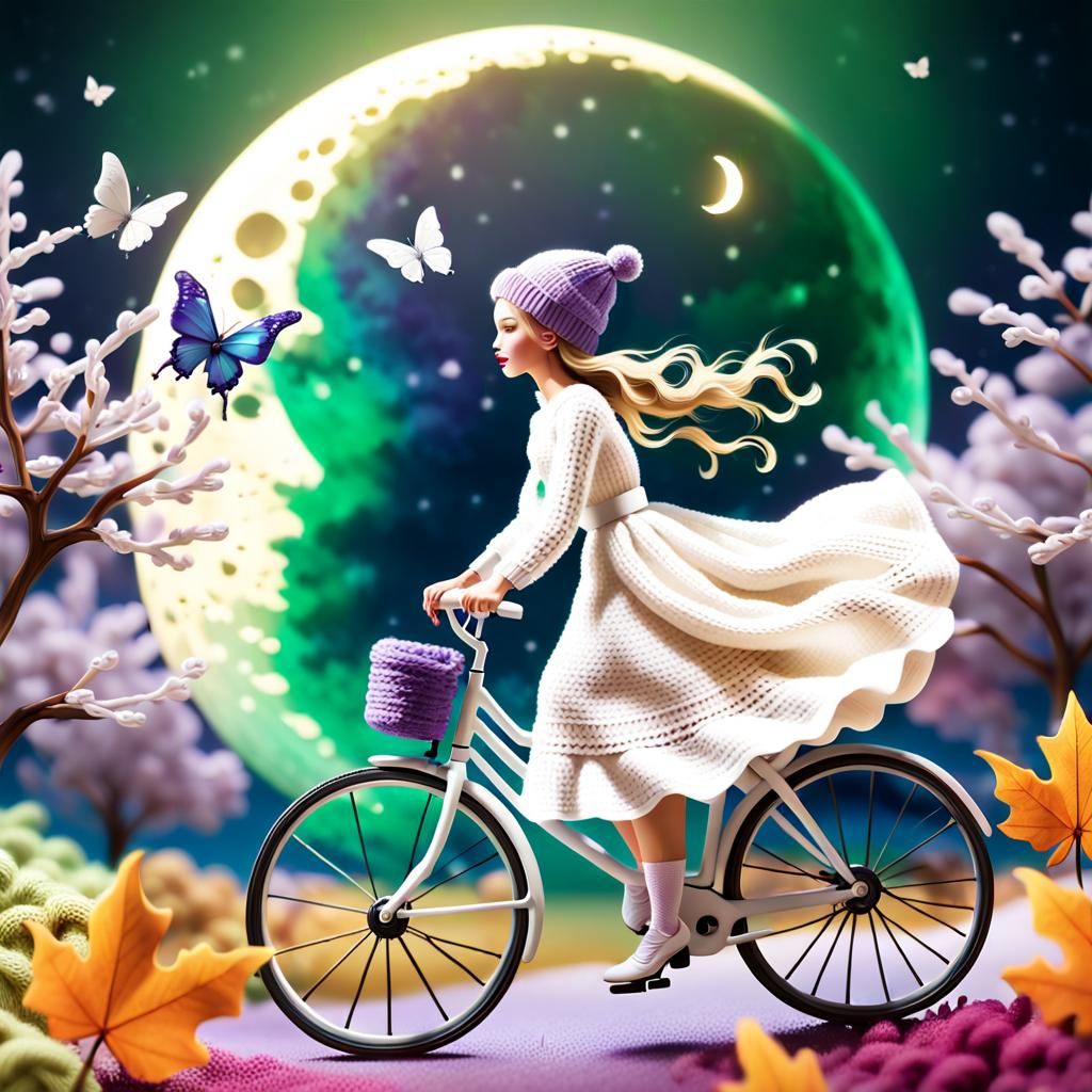 Whimsical Character Rides Bicycle Through Moon, Hyper-Realis...