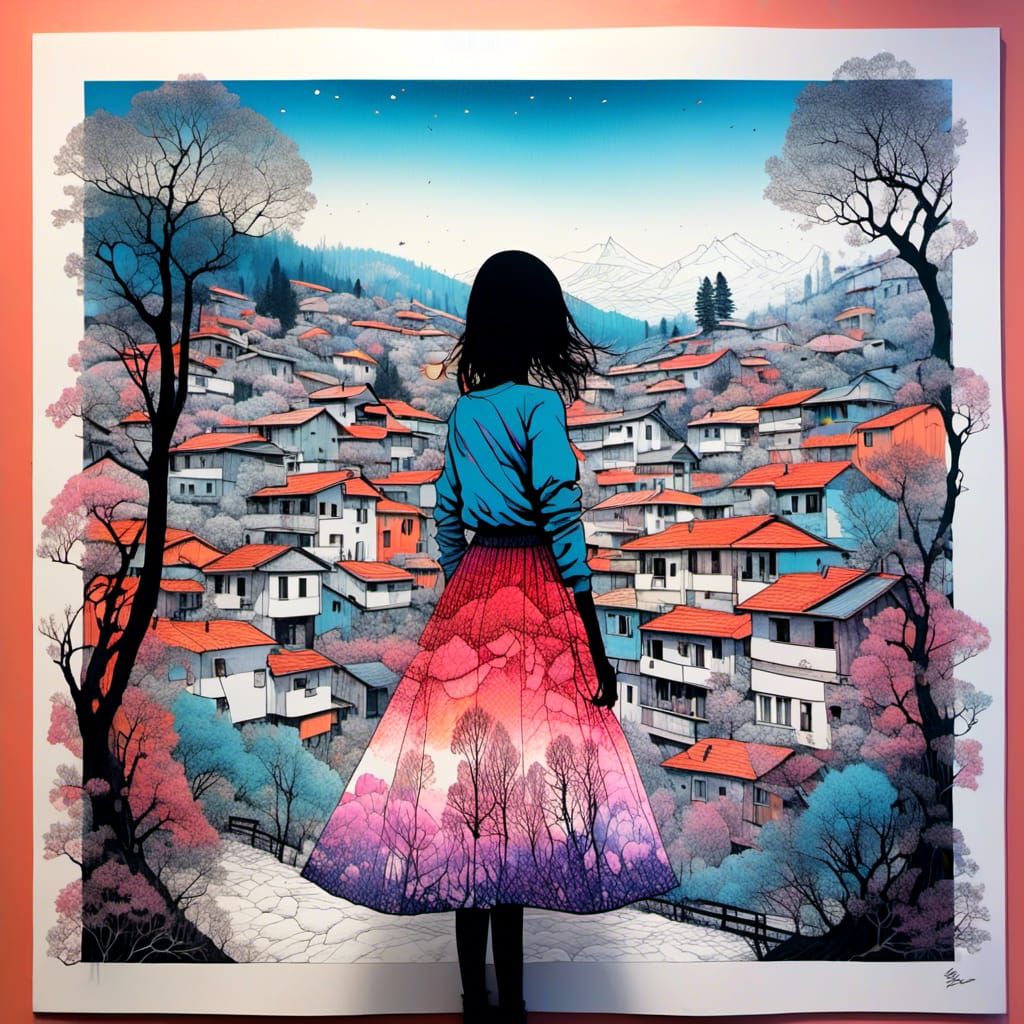 Double Exposure Girl and Spring Village Panorama