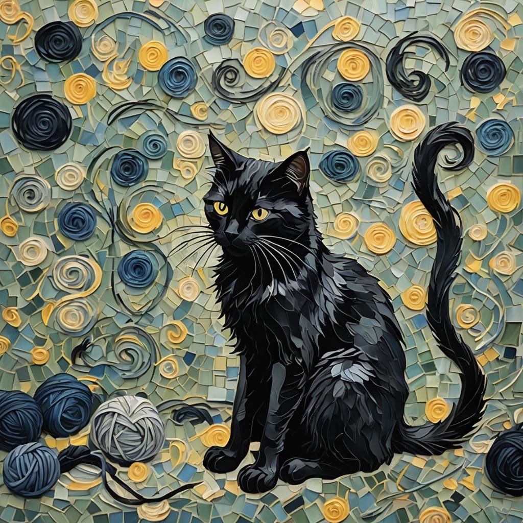Black Cat with Yarn in Van Gogh Mosaic Style
