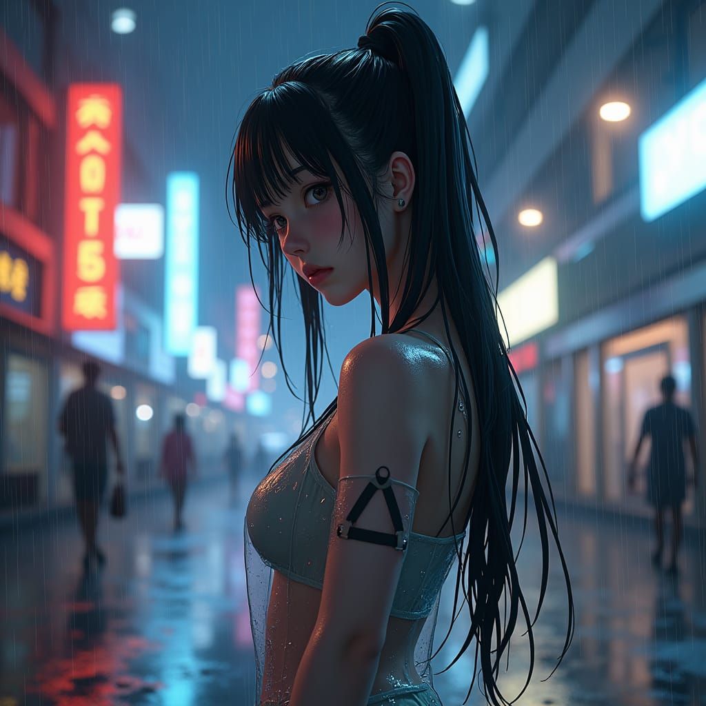 Rain-Soaked Anime Heroine in Neon Cityscape