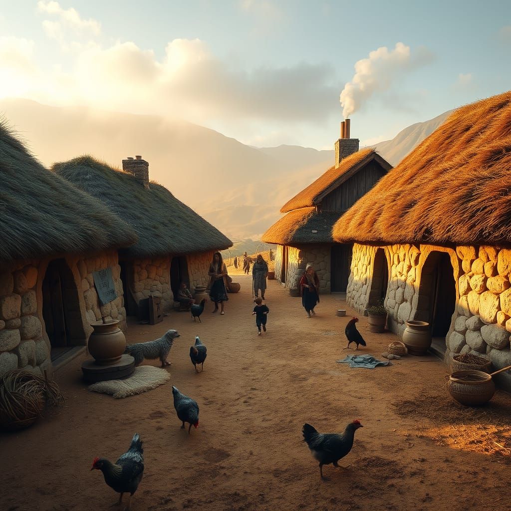 Celtic Village at Dawn: Realistic Daily Life Scene