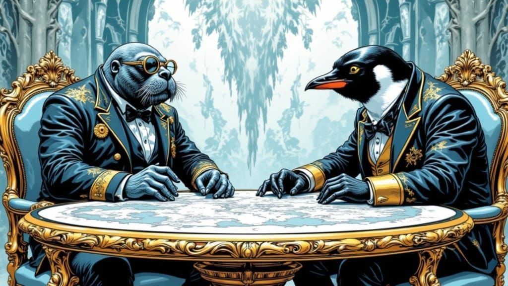 Steampunk Walrus and Penguin in Polar Setting