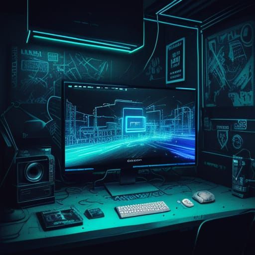 Dark Cyberpunk Computer Lair with Hot Wheels and Neon Blue L...