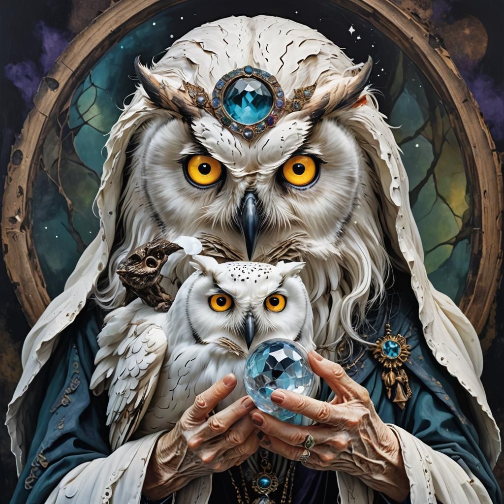 Owl-faced Witch with Crystal Ball: Vibrant Colors