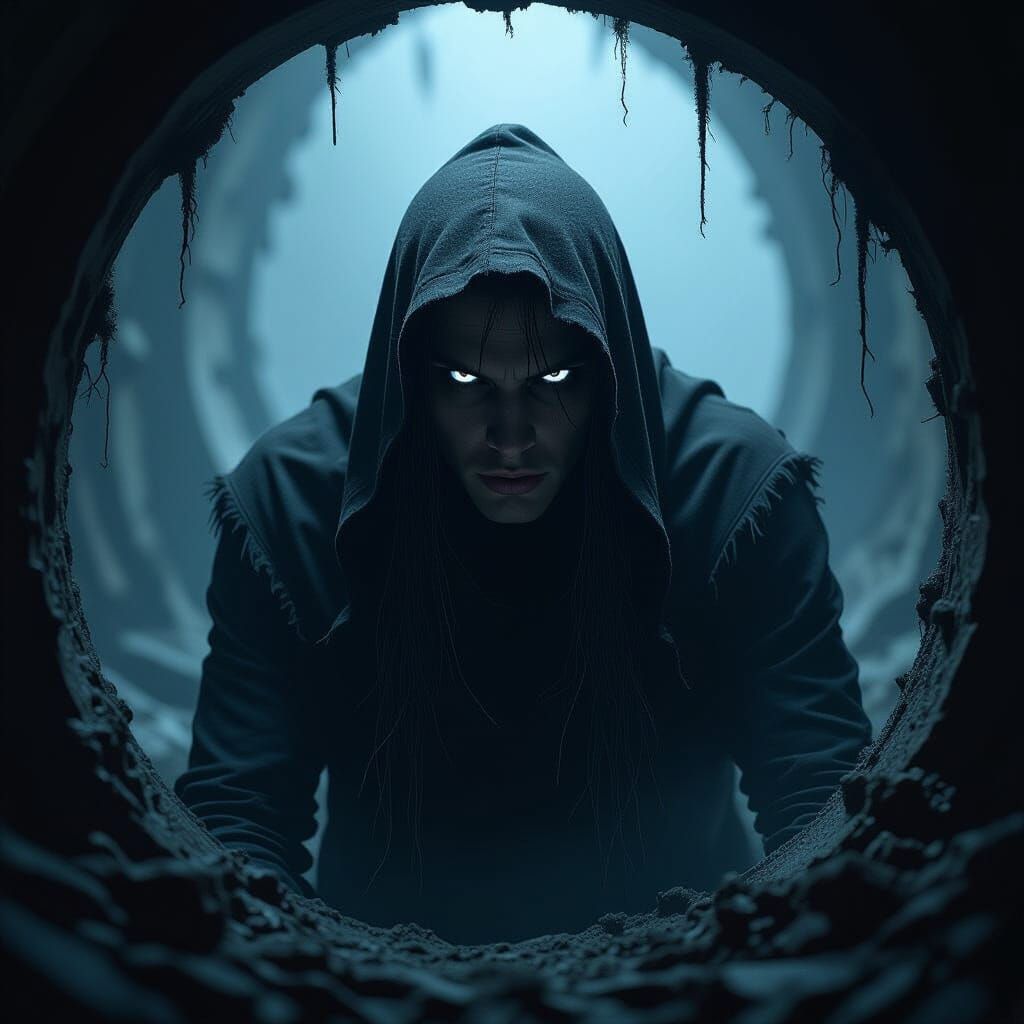 Eerie Shadowy Figure with White Eyes Glaring from Hole