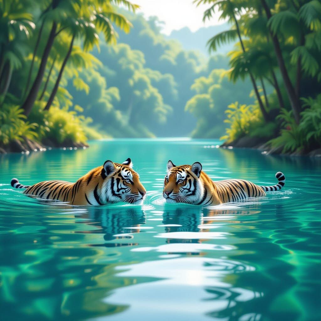 Tiger Swimming in Crystal Lake: Photorealistic Dreamscape