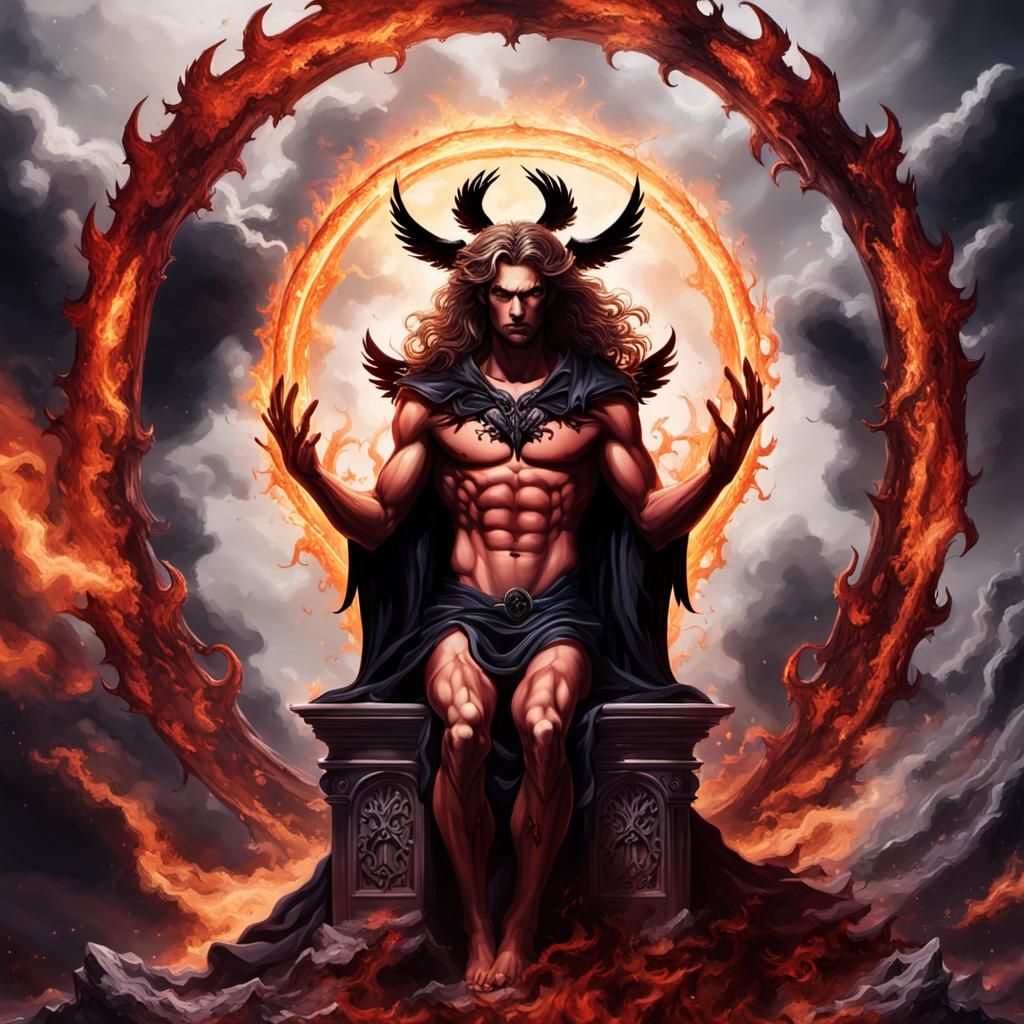 Male Fire Angel on Throne with Black Wings