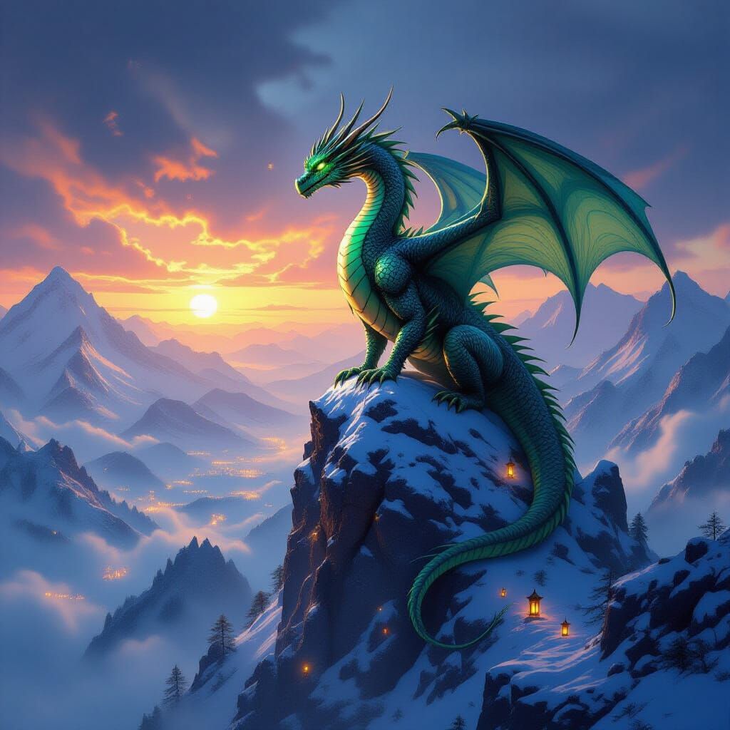 Ancient Dragon on Snowy Peak at Sunset