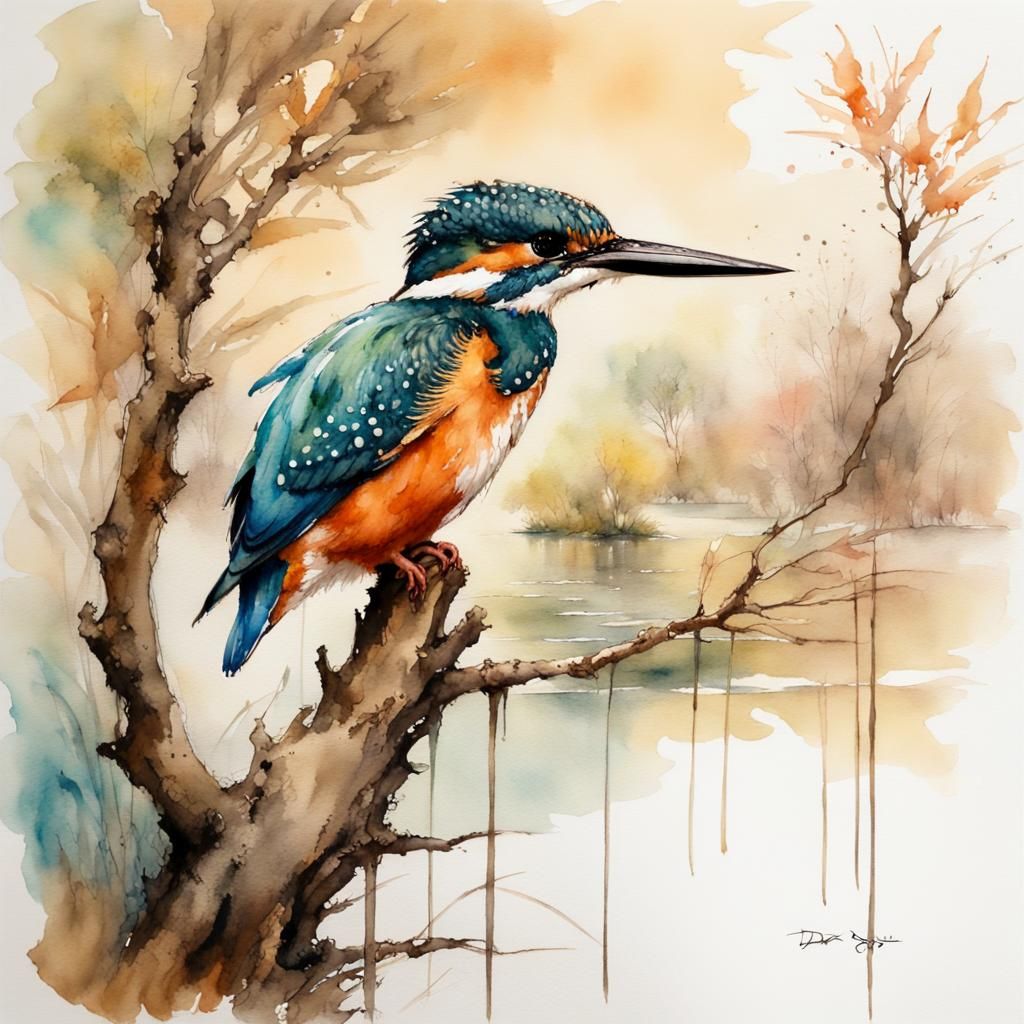 Kingfisher at Lake in Tachisme Watercolor Style