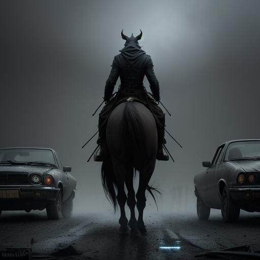 Surreal Horses Dominate Crushed Car: Digital Art