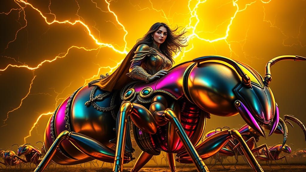 warrior princess riding an ant with lightning running over its multi colored metalic colored polished body and polished ...