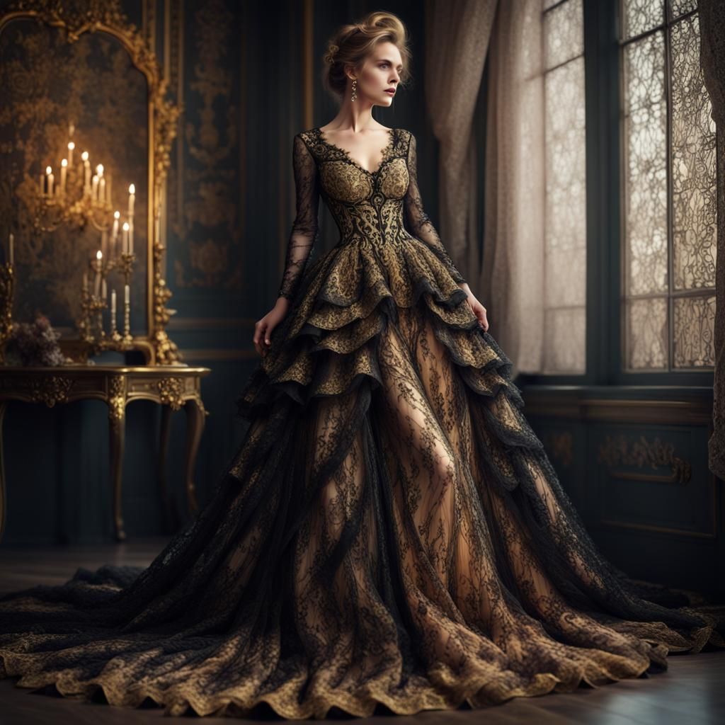 Woman in Black-Gold Lace Dress with Crystals