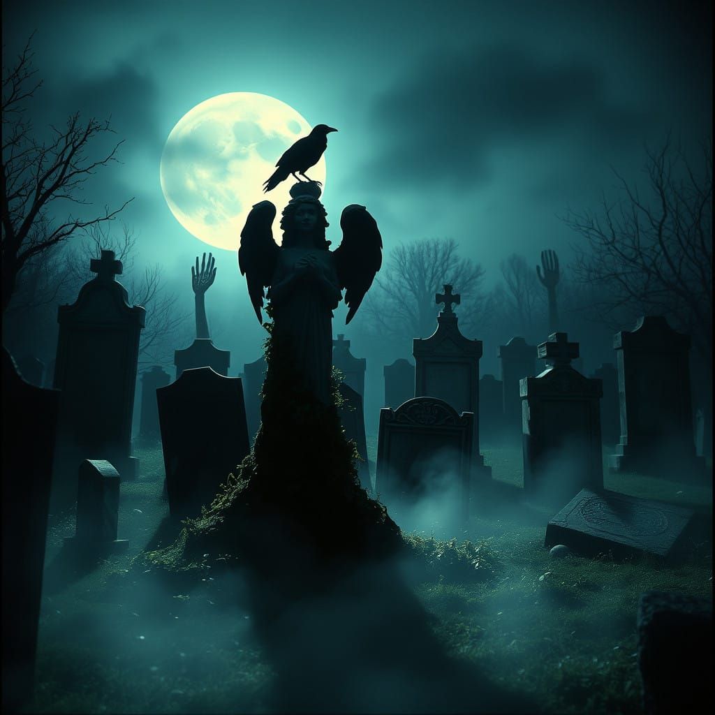 Moonlit Cemetery Shrouded in Mystery and Eerie Light