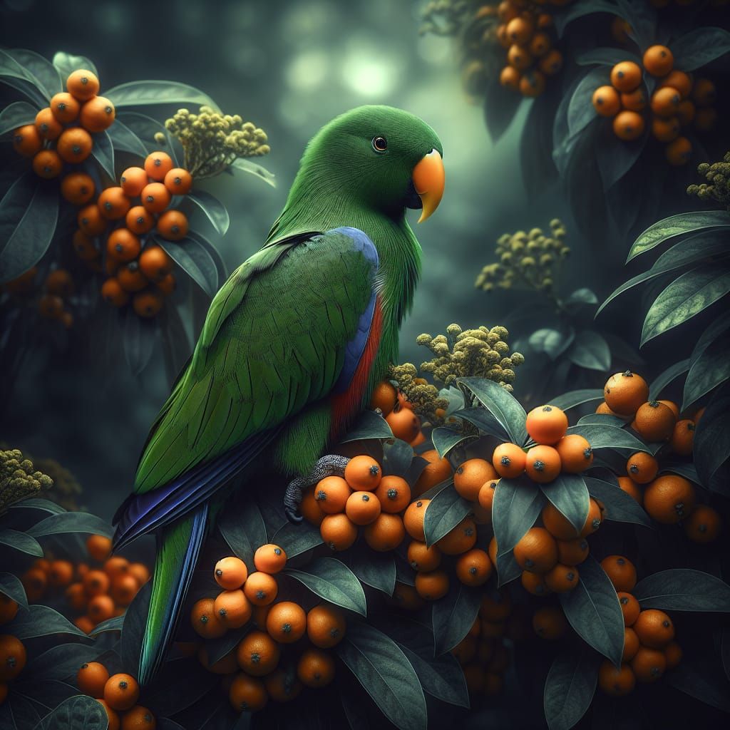 Majestic Green Eclectus Parrot Amidst Vibrant Orange Naranji...