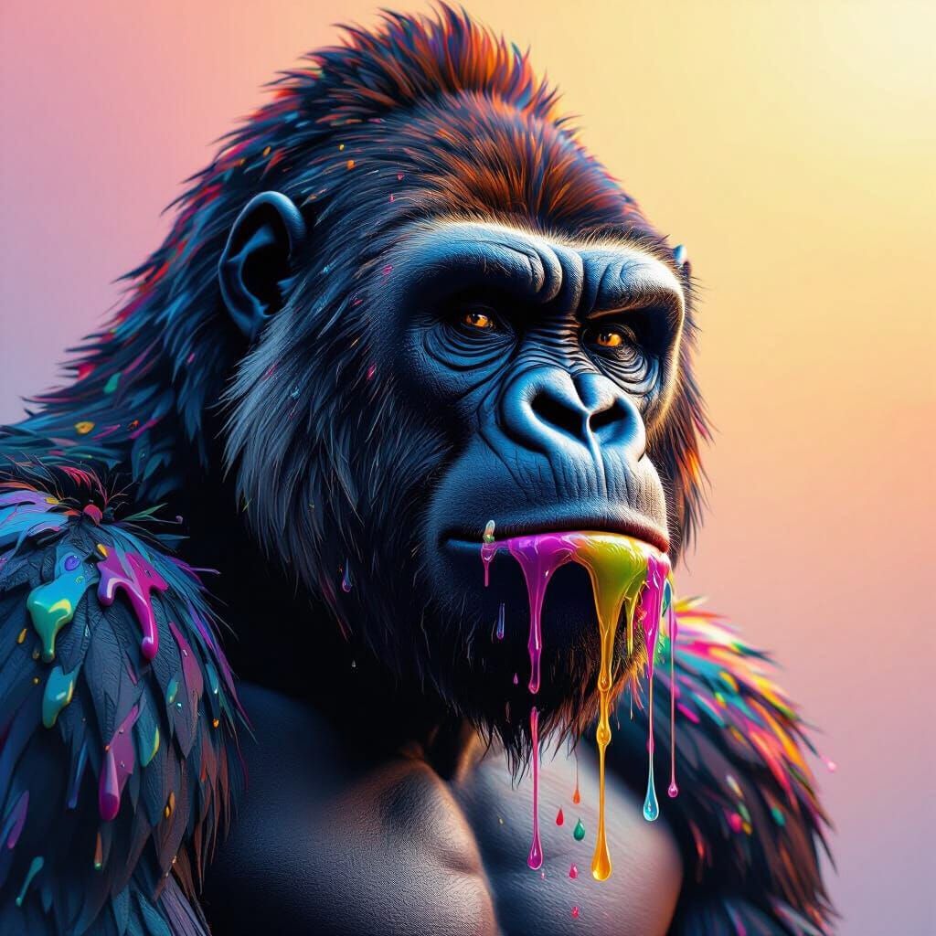 Hyperrealistic Gorilla with Multicolored Fluid